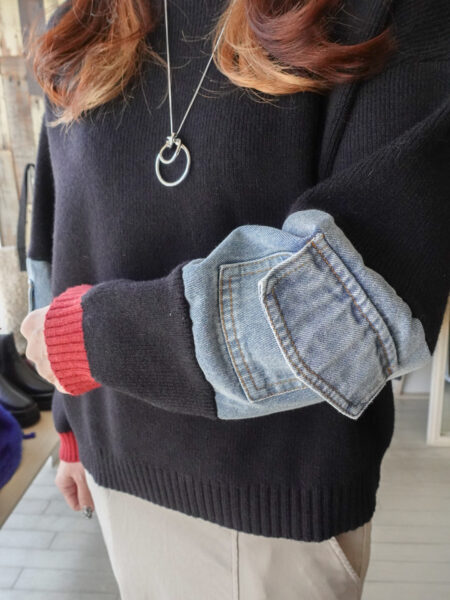 袖デニム切替配色ニットプルオーバー