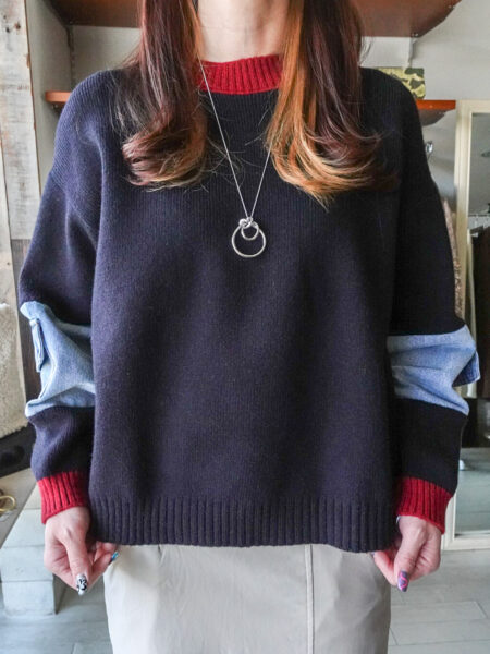 袖デニム切替配色ニットプルオーバー
