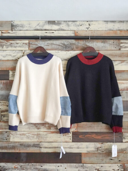袖デニム切替配色ニットプルオーバー