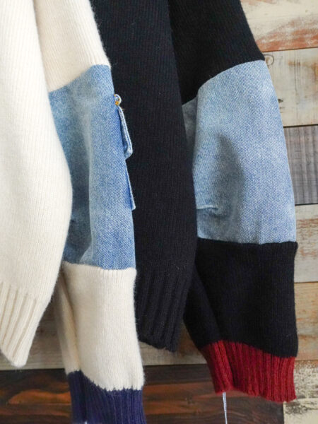 袖デニム切替配色ニットプルオーバー／アップ